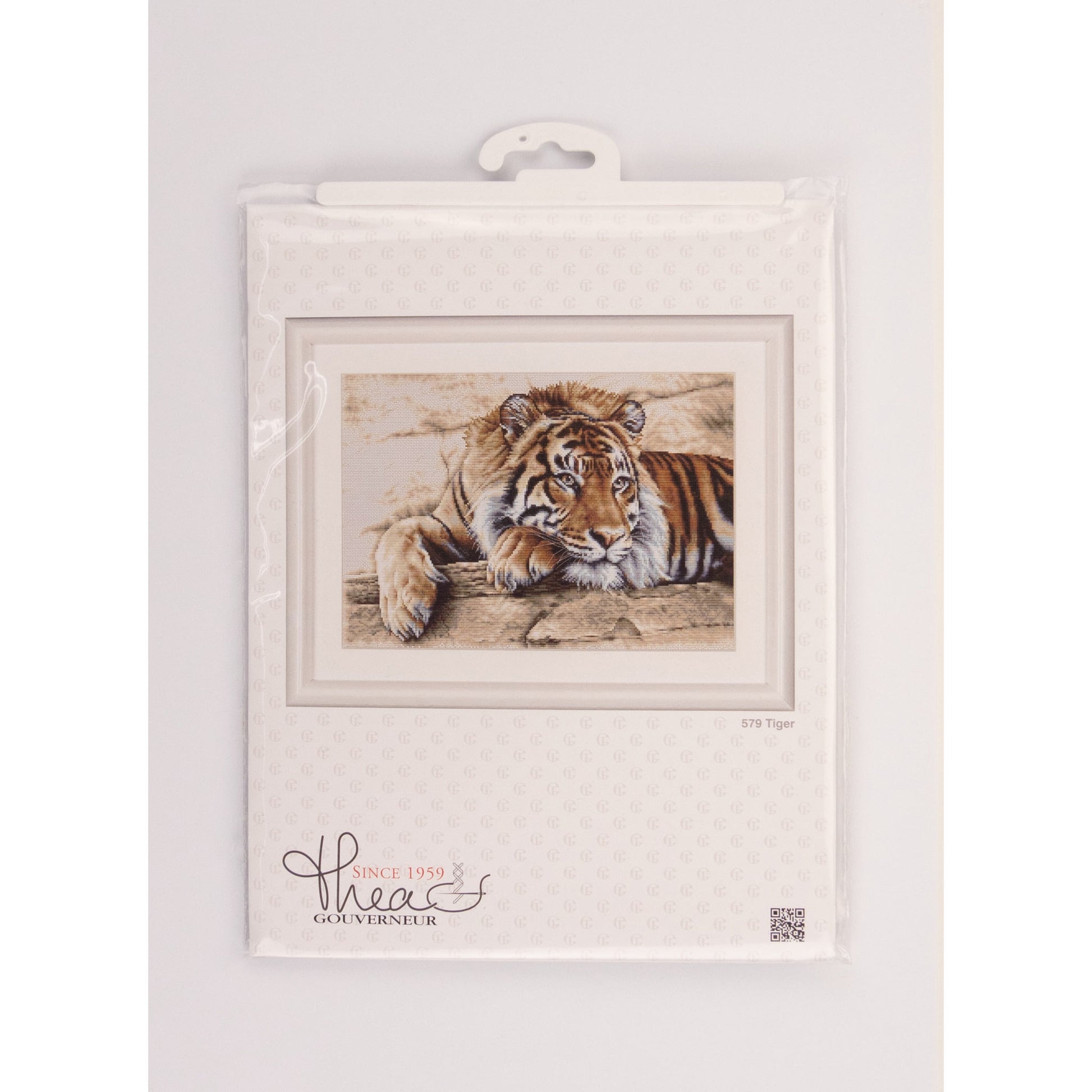Packaged cross stitch kit of tiger , featuring the brand 'Thea Gouverneur'.