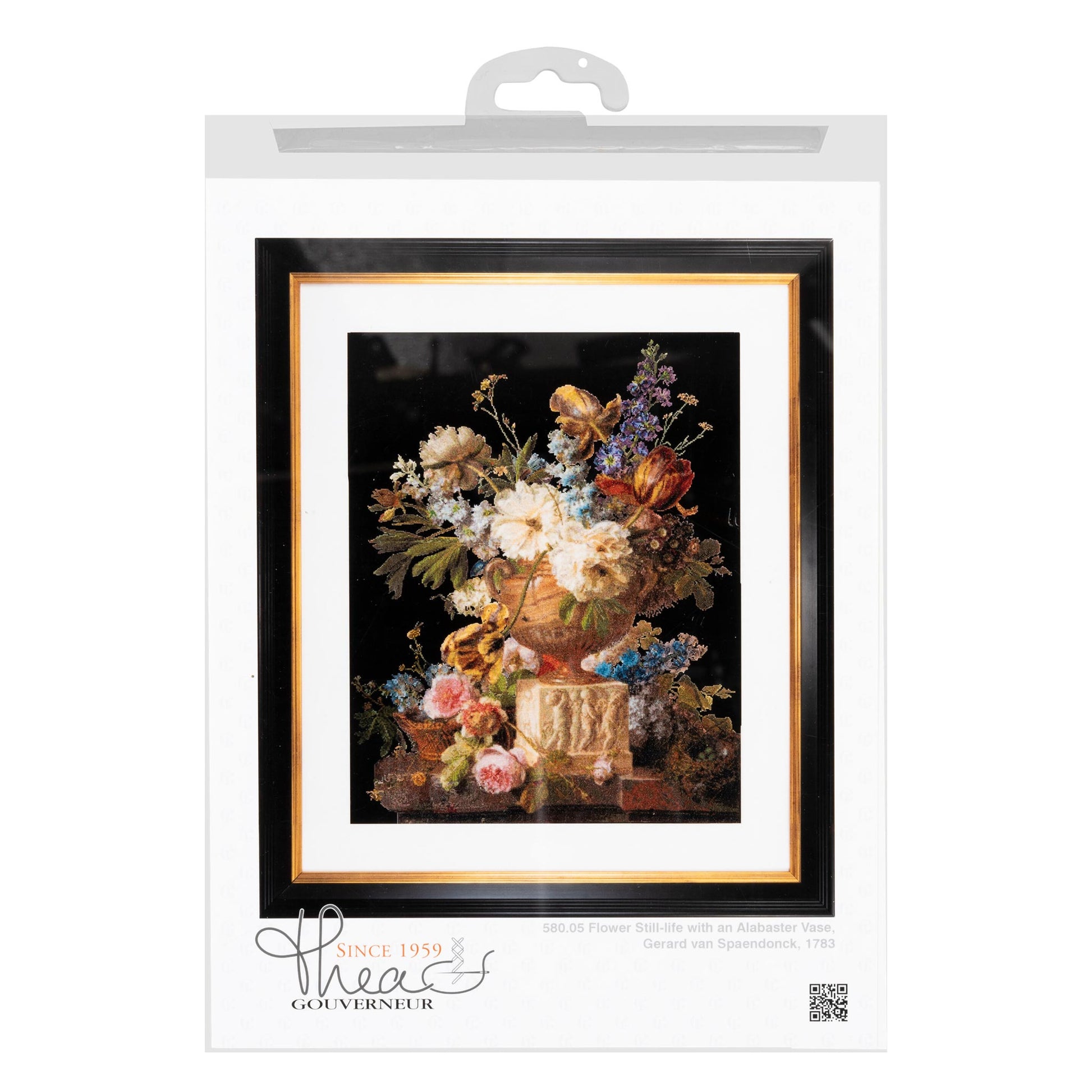 Floral arrangement cross stitch in a clear packaging sleeve with a visible brand logo.