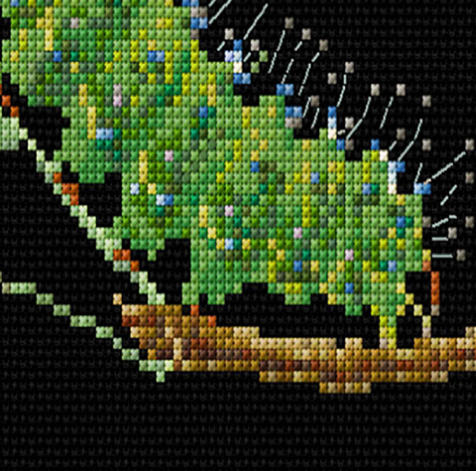 Mockup Cross stitch of caterpillars green on a black background