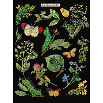 cross stitch design of caterpillars, butterflies, and plants on a black background