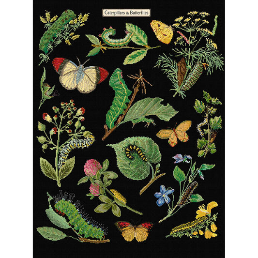 cross stitch design of caterpillars, butterflies, and plants on a black background