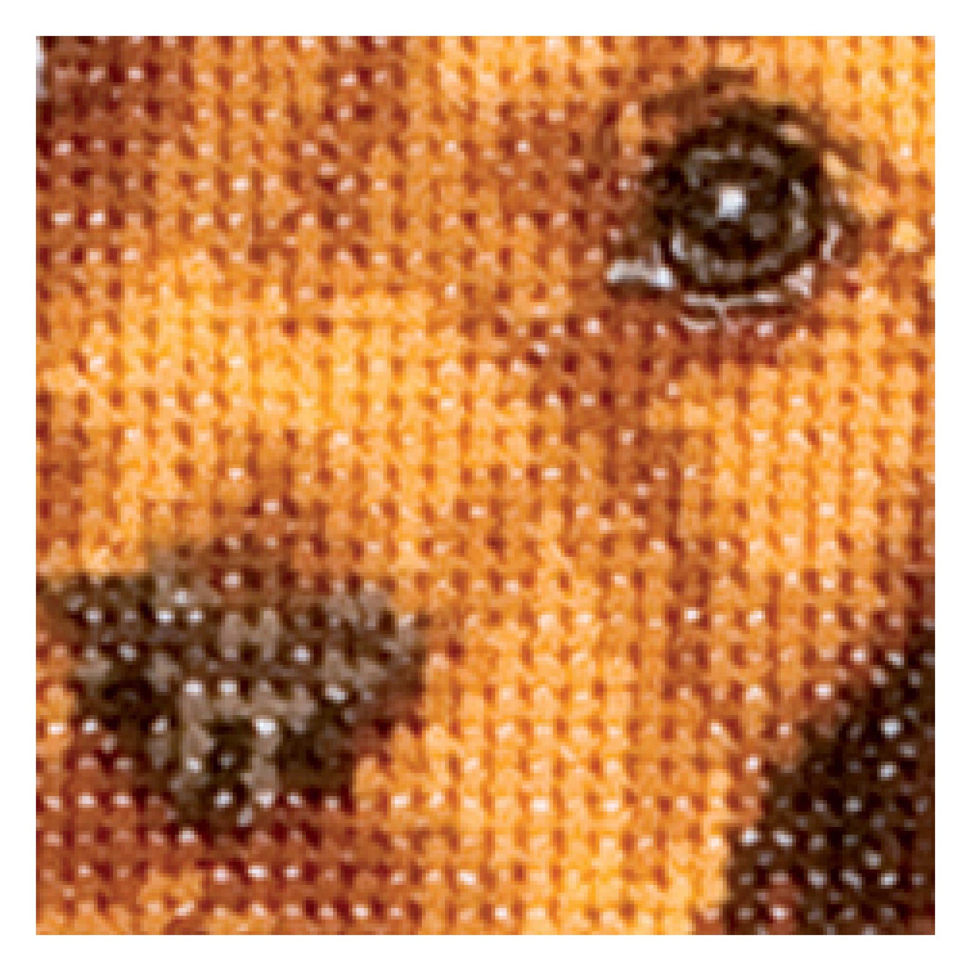 Close-up of a cross-stitched dog face on fabric with brown and black details