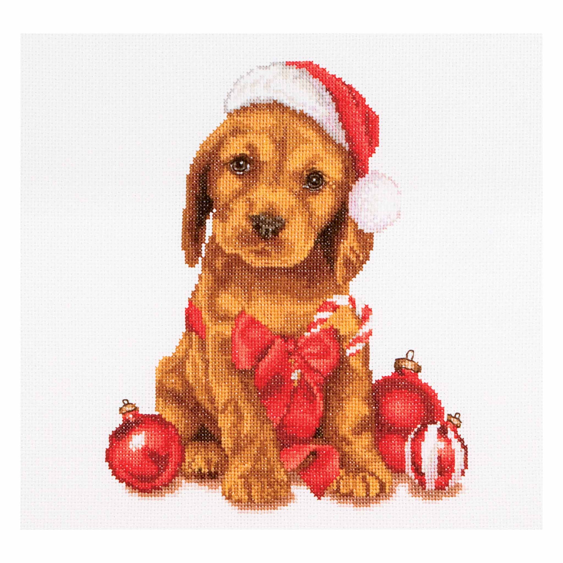 Cross-stitched design of a dog wearing a Santa hat with Christmas ornaments on a white background