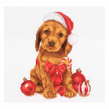 Cross-stitched design of a dog wearing a Santa hat with Christmas ornaments on a white background