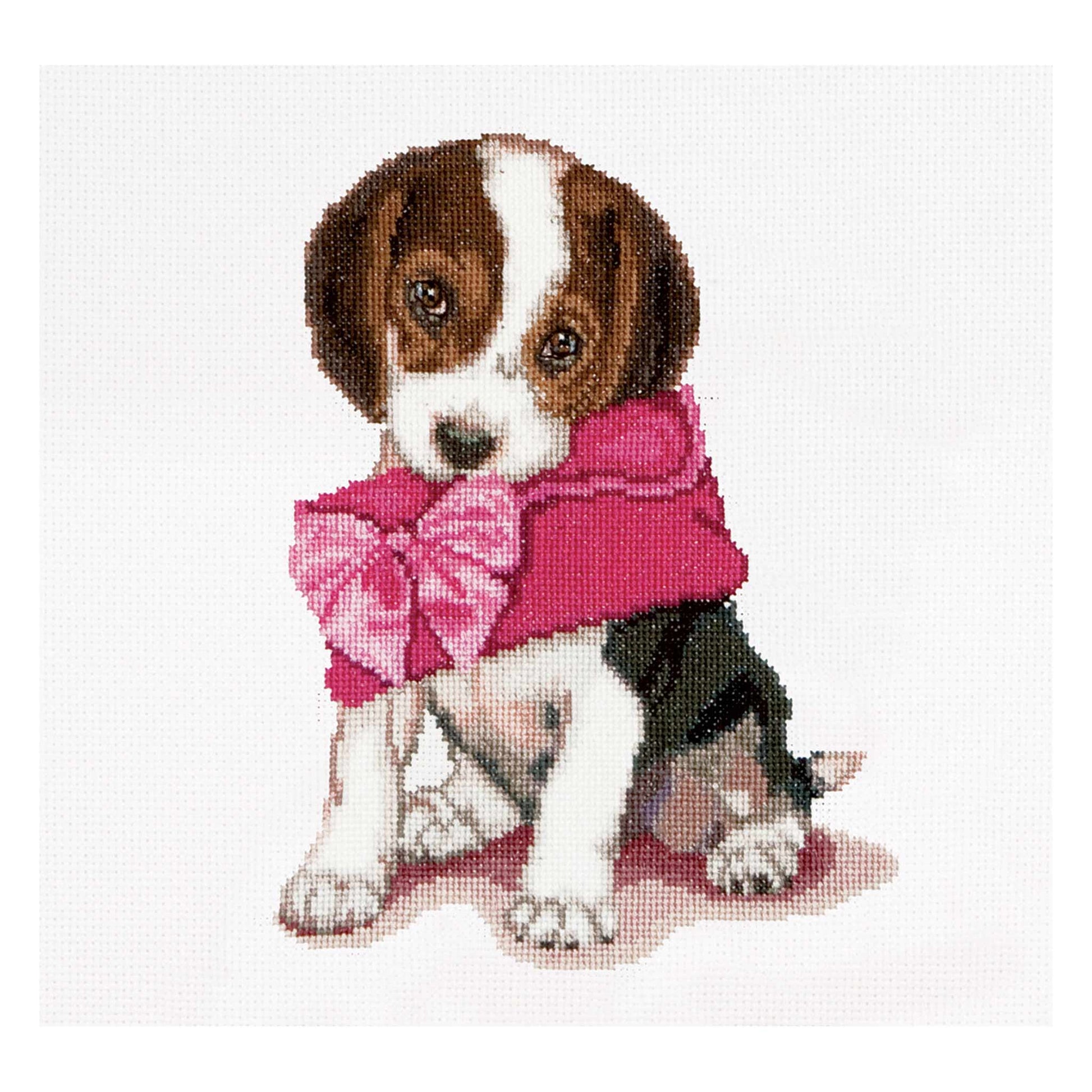Cross-stitched puppy wearing a pink coat with a bow on a white background