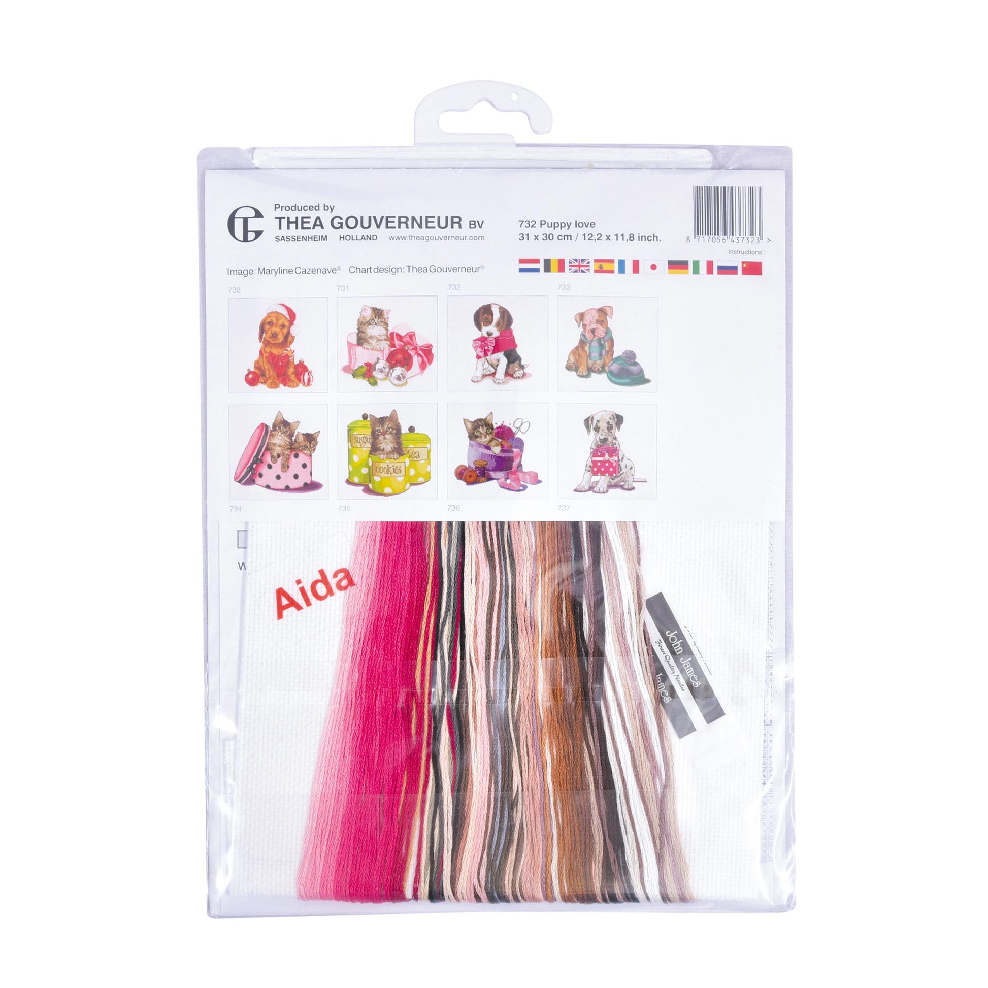 Embroidery kit packaging with threads and patterns Thea Gouverneur