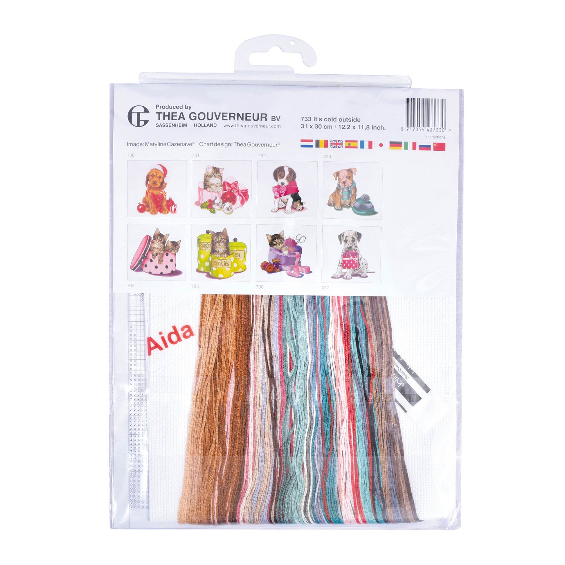 Embroidery kit packaging with threads and patterns Thea Gouverneur