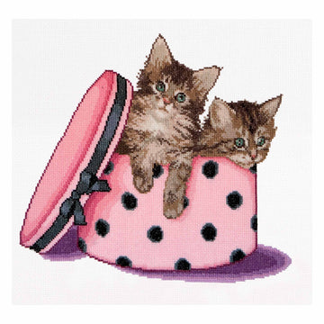 cross stitch pattern Two kittens inside a pink polka dot bag on a white background