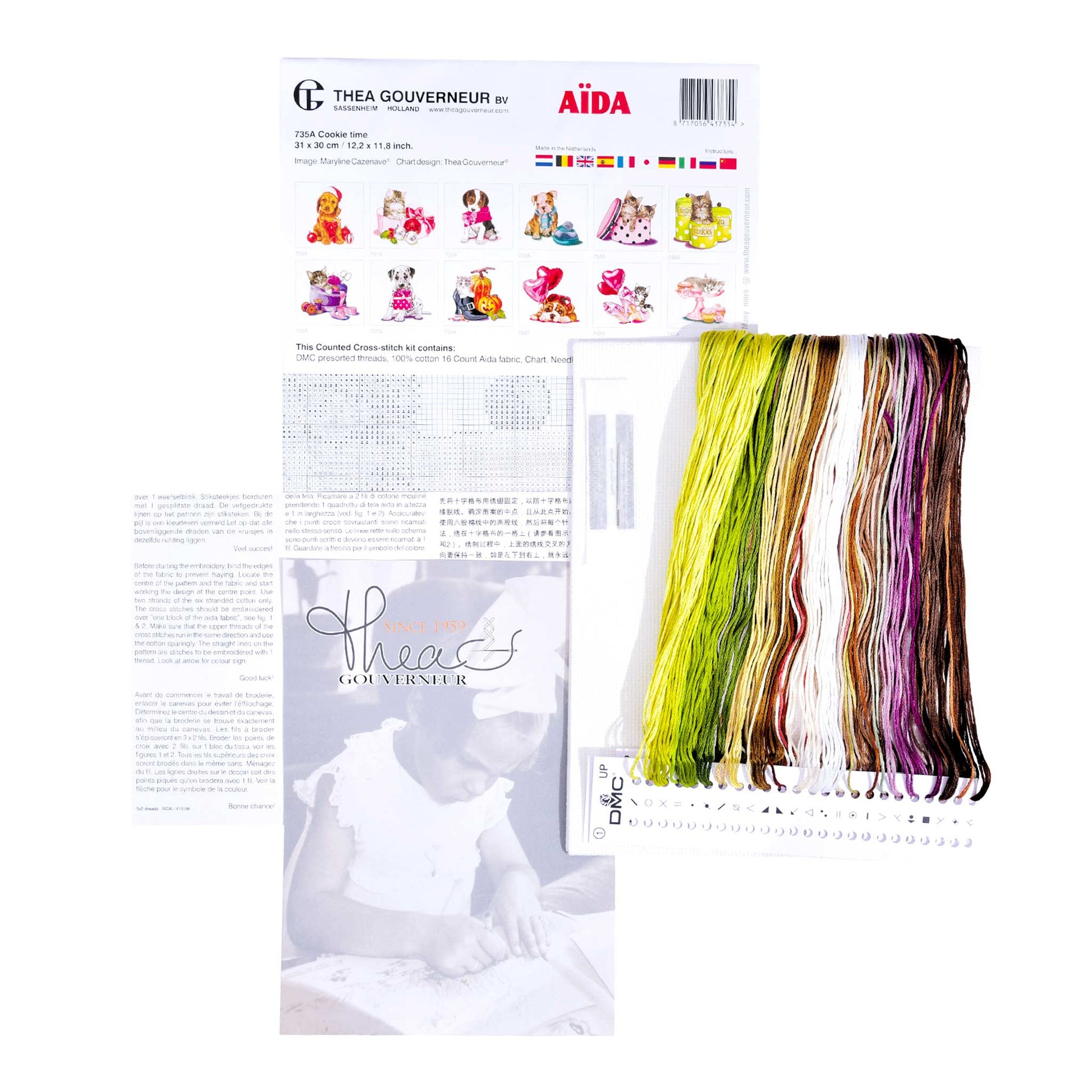 Packaging of Thea Gouverneur embroidery kit with pattern sheet, needlework fabric, and DMC floss threads on a white background
