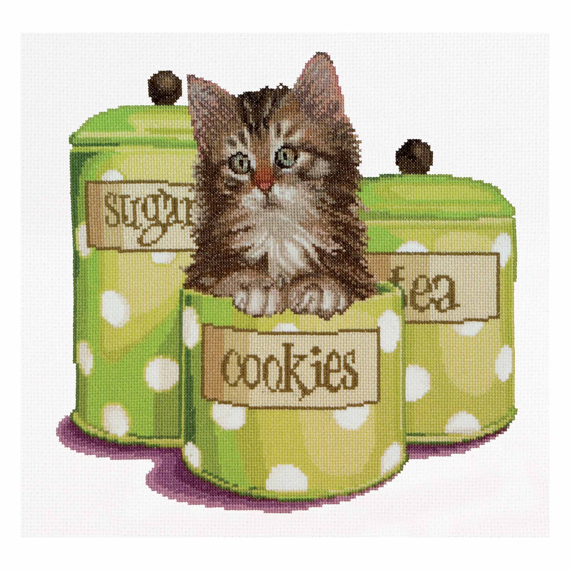 Cross-stitched design of a kitten sitting on green polka dot cookie jars with 'Cookies' label.