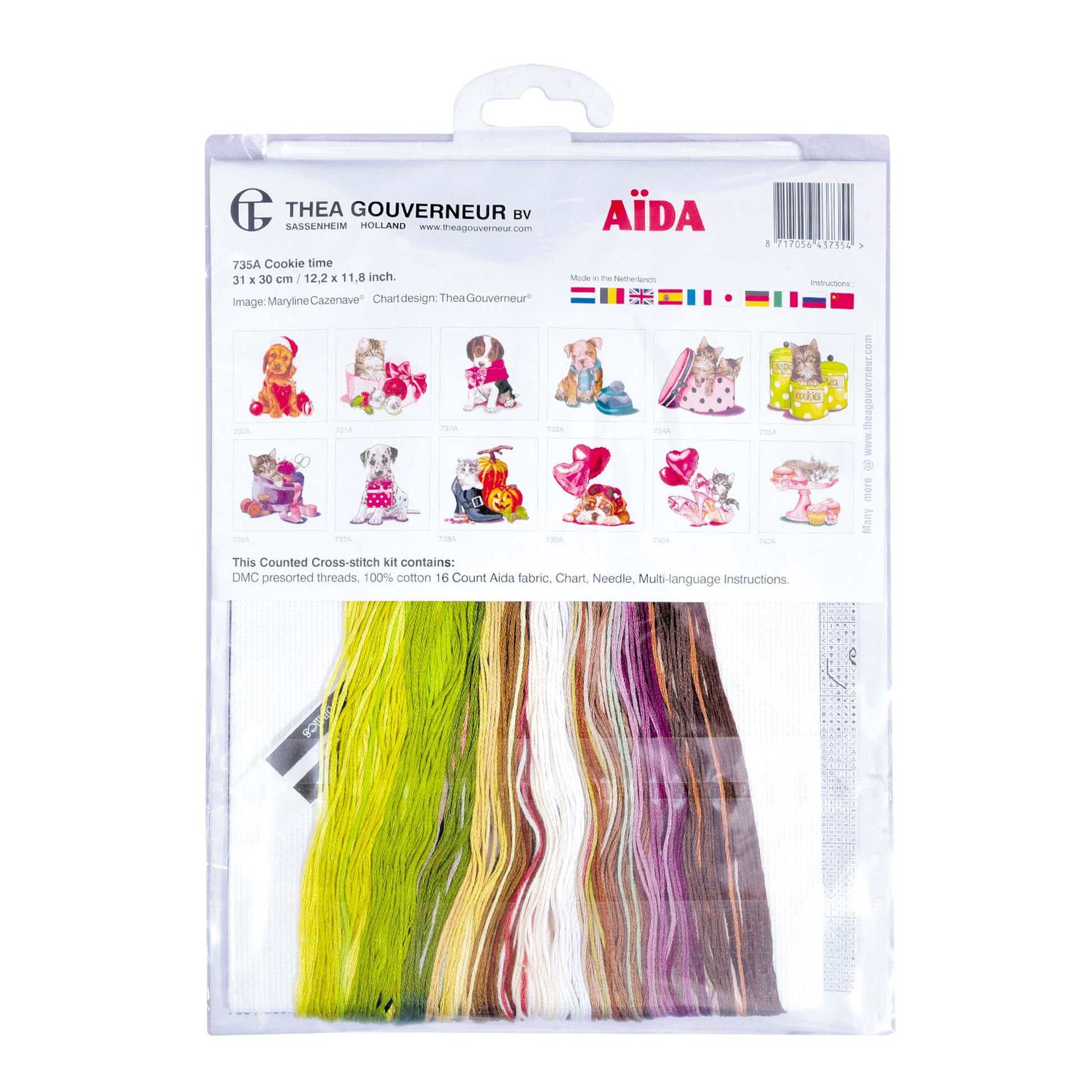 Embroidery kit packaging with threads and patterns Thea Gouverneur