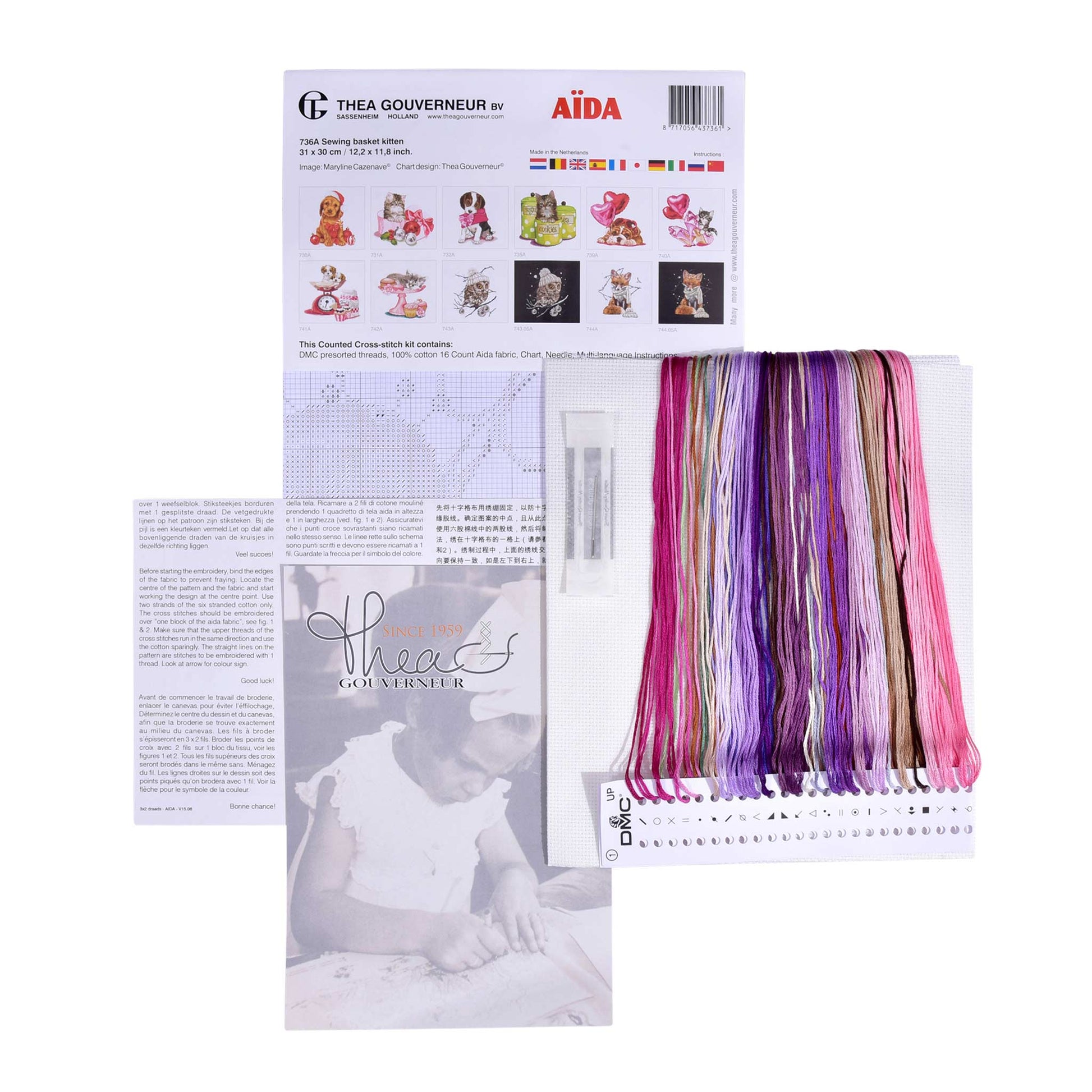 Embroidery kit with colorful threads and pattern chart on a white background