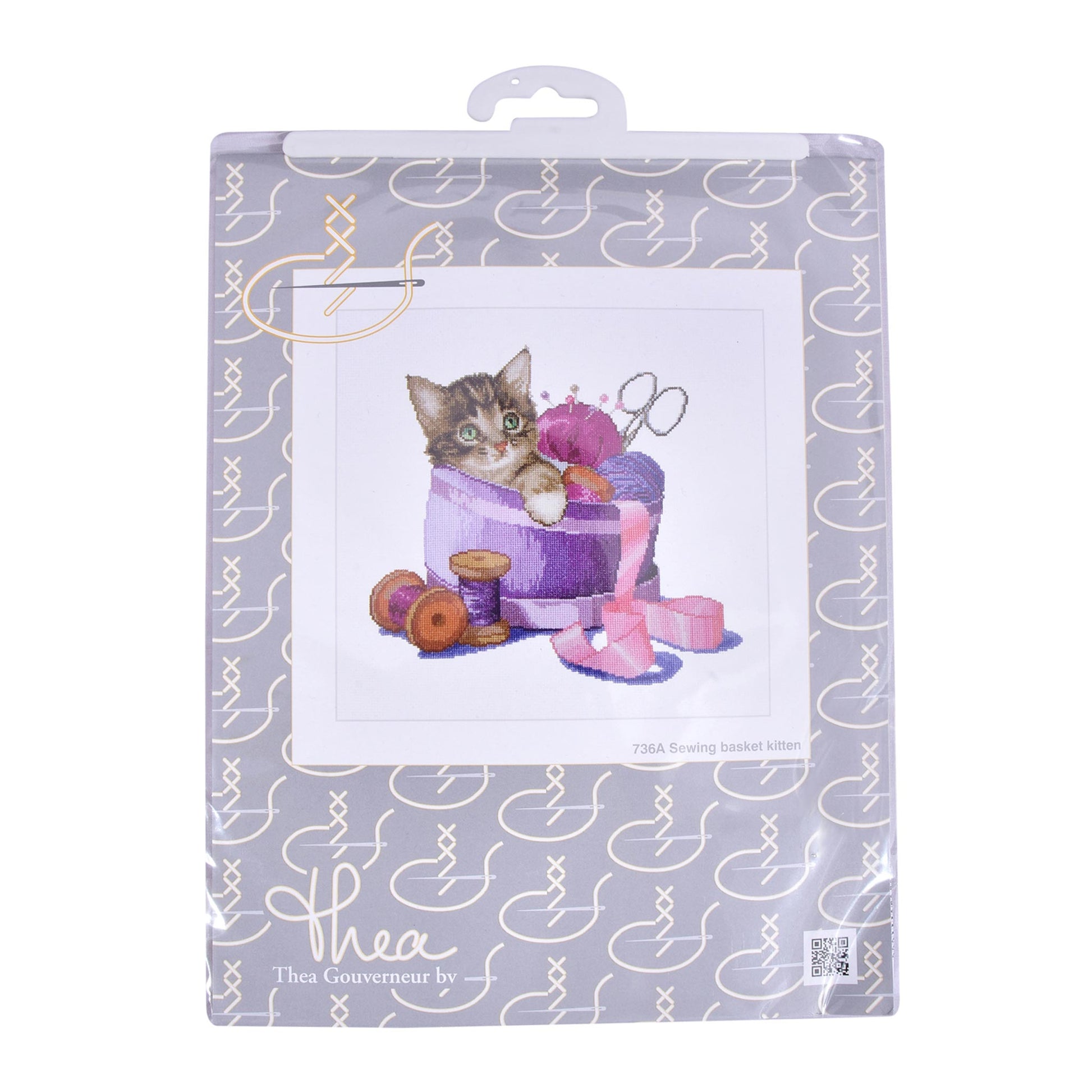 Packaged cross stitch kit Thea Gouverneur with a kitten sewing design on a white background