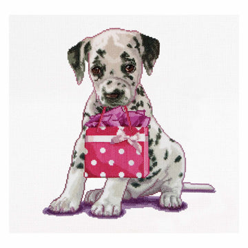 Cross-stitched design of a Dalmatian puppy with a pink polka dot gift box on a white background