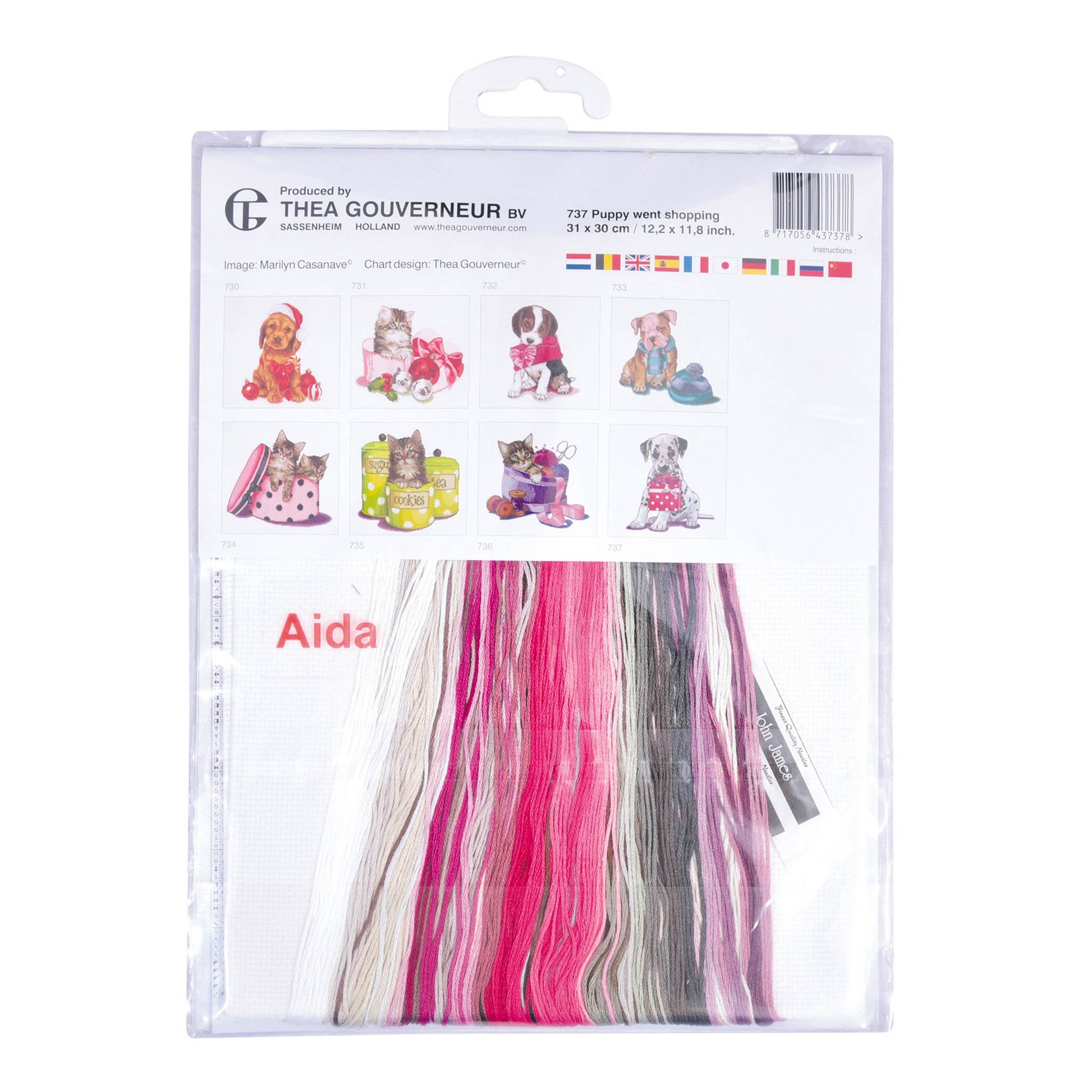 Embroidery kit packaging with threads and patterns Thea Gouverneur