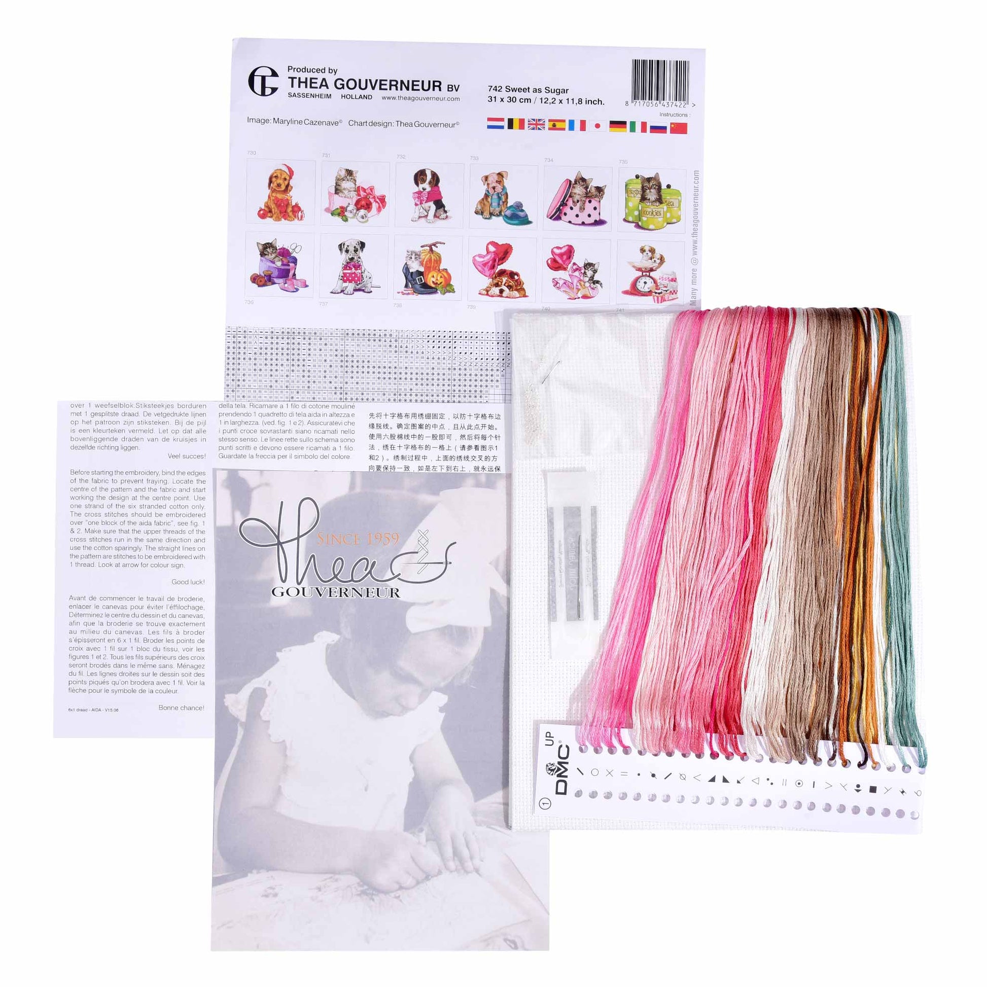 Packaging of Thea Gouverneur embroidery kit with pattern sheet, needlework fabric, and DMC floss threads on a white background