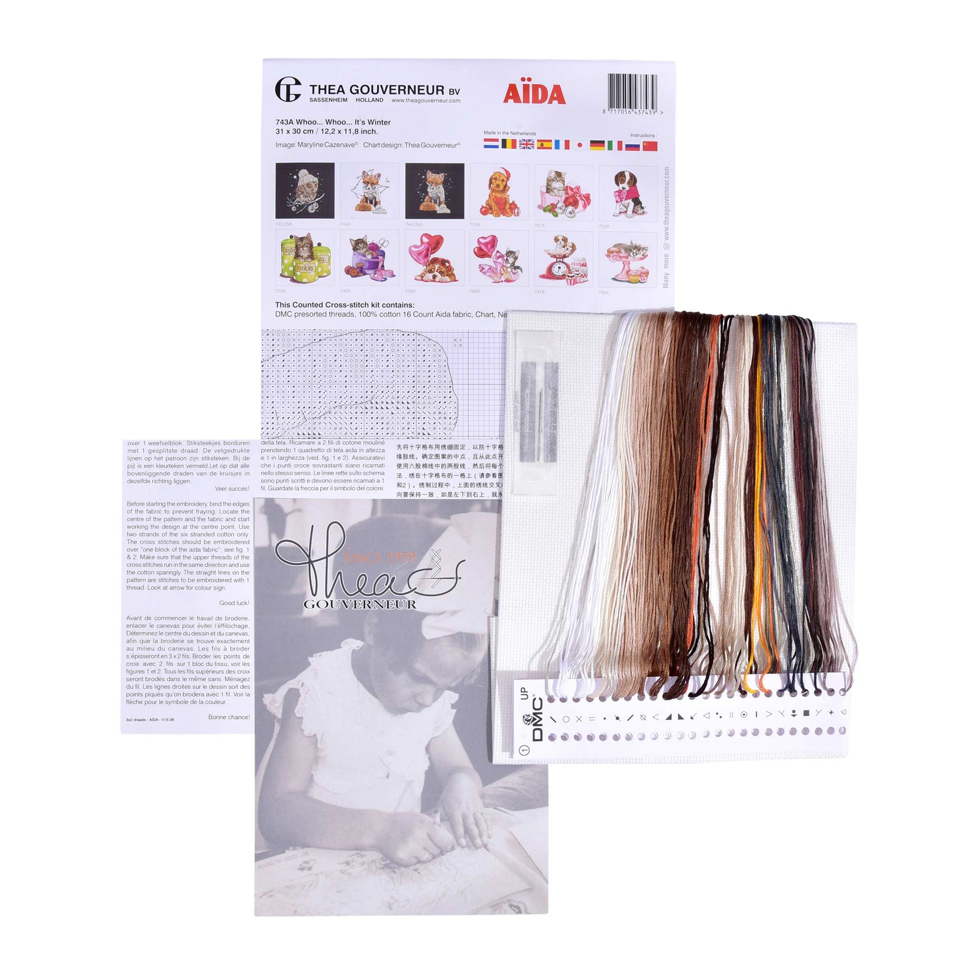 Packaging of Thea Gouverneur embroidery kit with pattern sheet, needlework fabric, and DMC floss threads on a white background