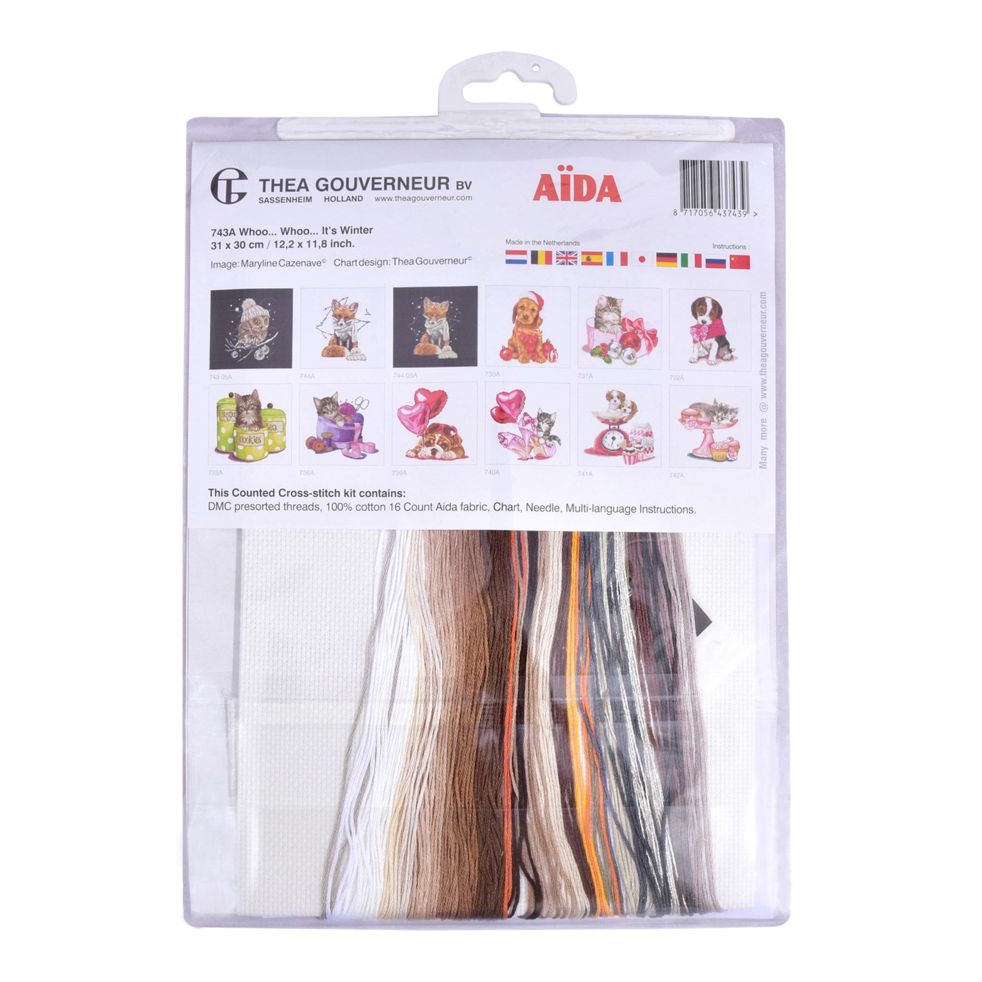 Embroidery kit packaging with threads and patterns Thea Gouverneur