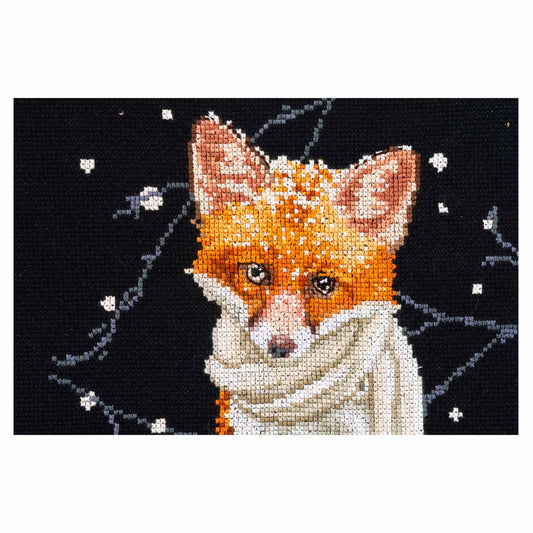 Cross-stitched fox design on a black background with white snowflakes