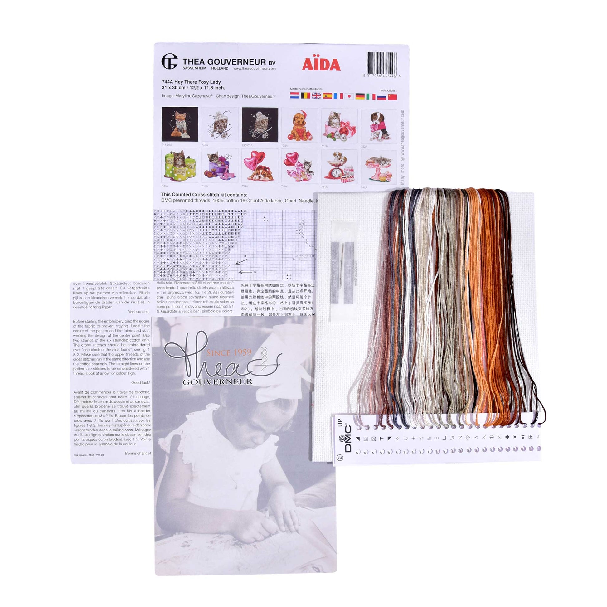 Embroidery kit with pattern and chart, needlework fabric, and threads on the floss organizer.