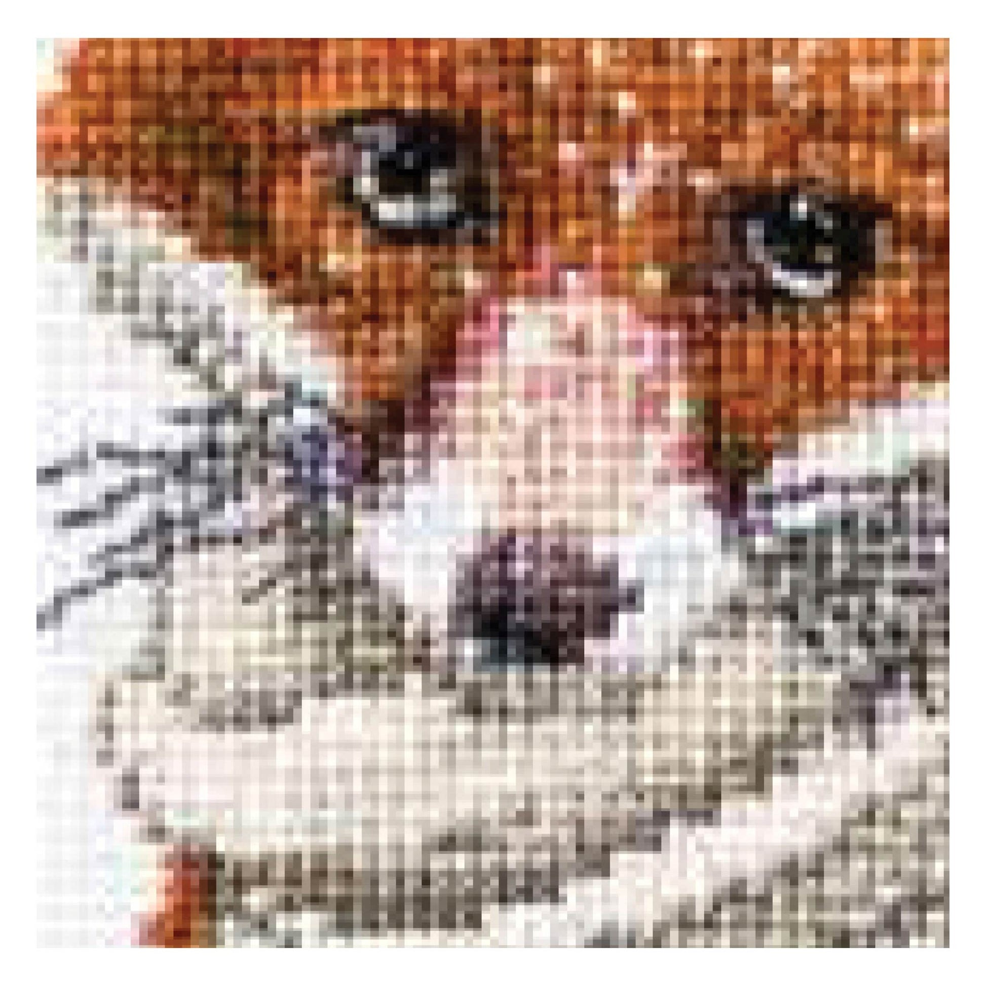 Cross-stitched design of a fox in the scarf close up