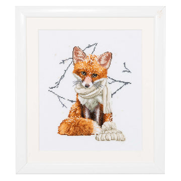 Cross-stitched fox wearing a scarf in a white frame