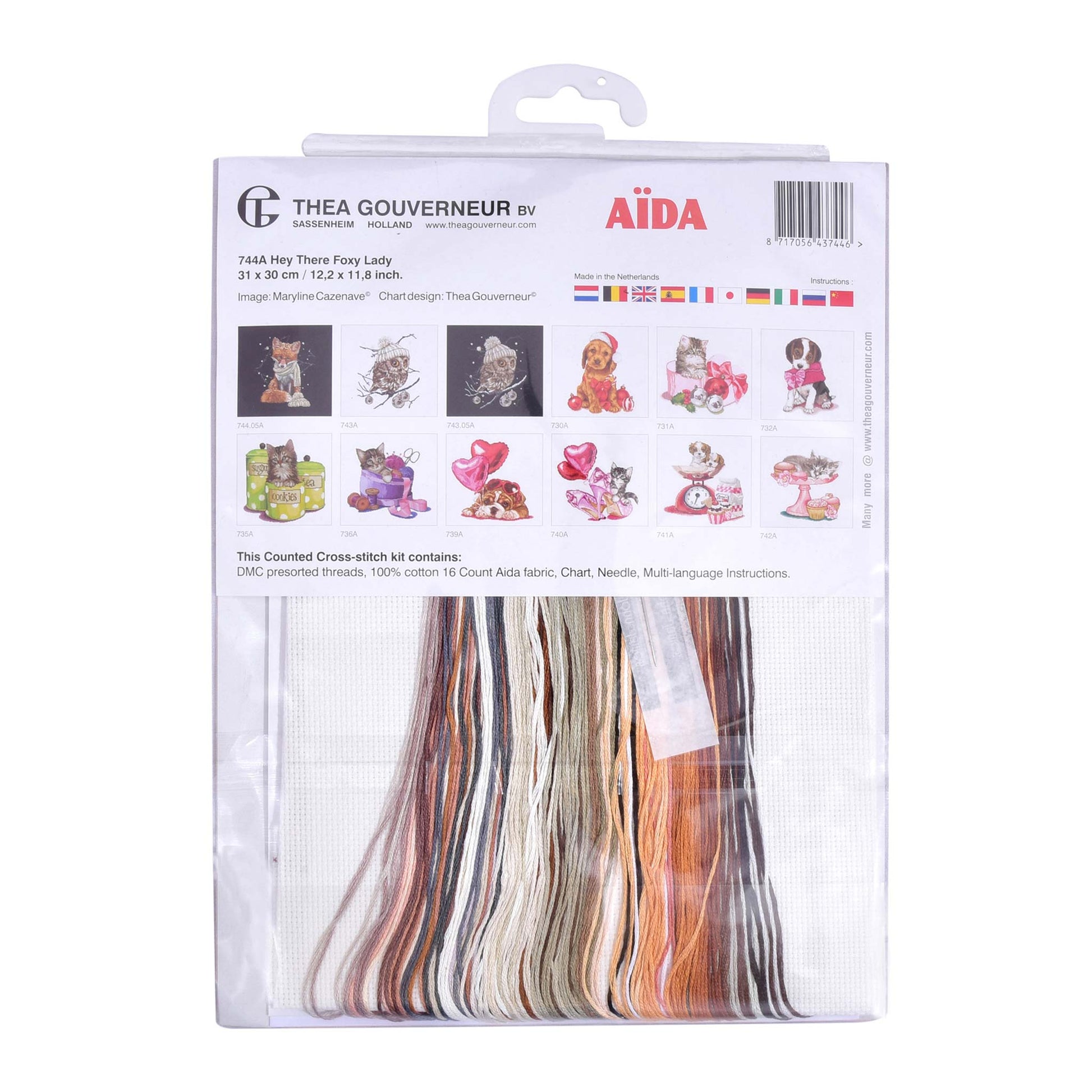Embroidery kit packaging with cross-stitch threads and pattern chart on a white background