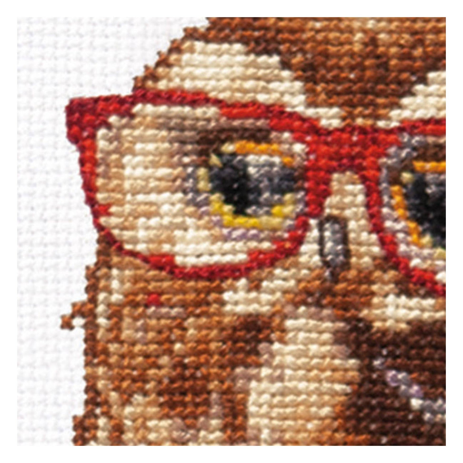 Cross-stitched picture of an owl wearing red glasses close up