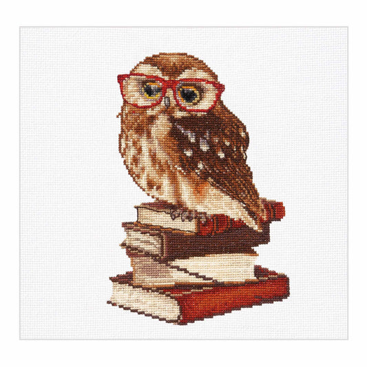 Cross-stitched owl wearing glasses on books with a white background