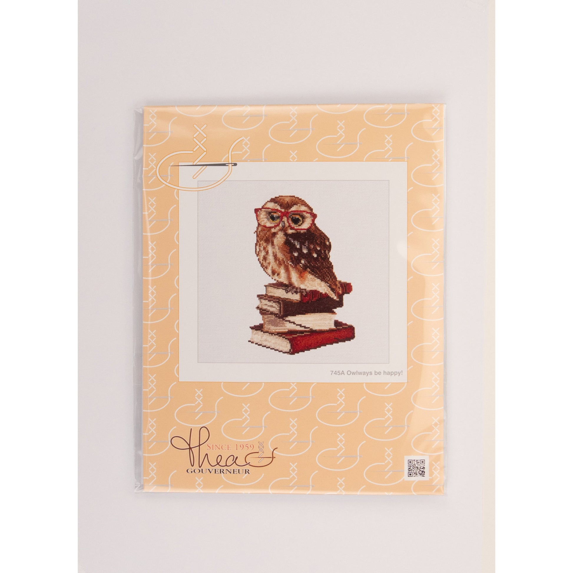 Package embroidery kit Thea Gouverneur Owl on the book wearing glasses