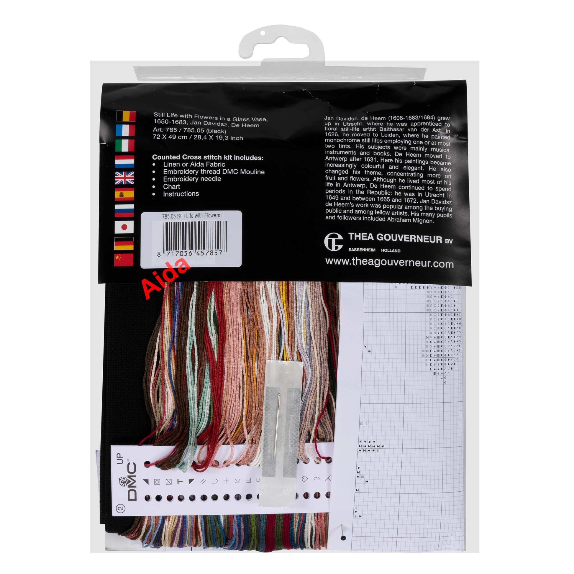 Cross stitch kit packaging with DMC threads, embroidery chart, instruction and Thea Gouverneur brand information.