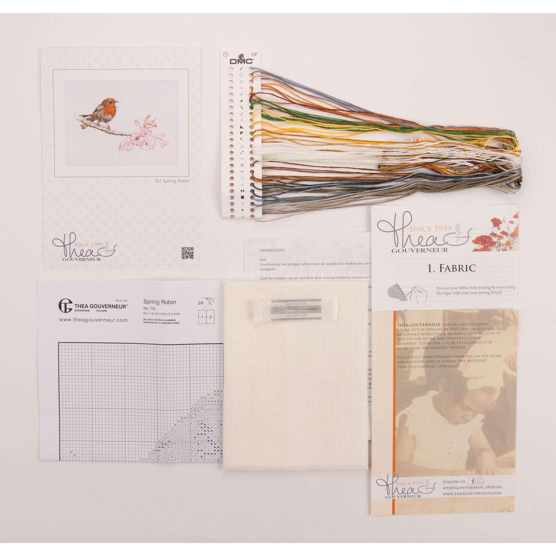 Embroidery kit with pattern and chart, needlework fabric, and threads on a white background