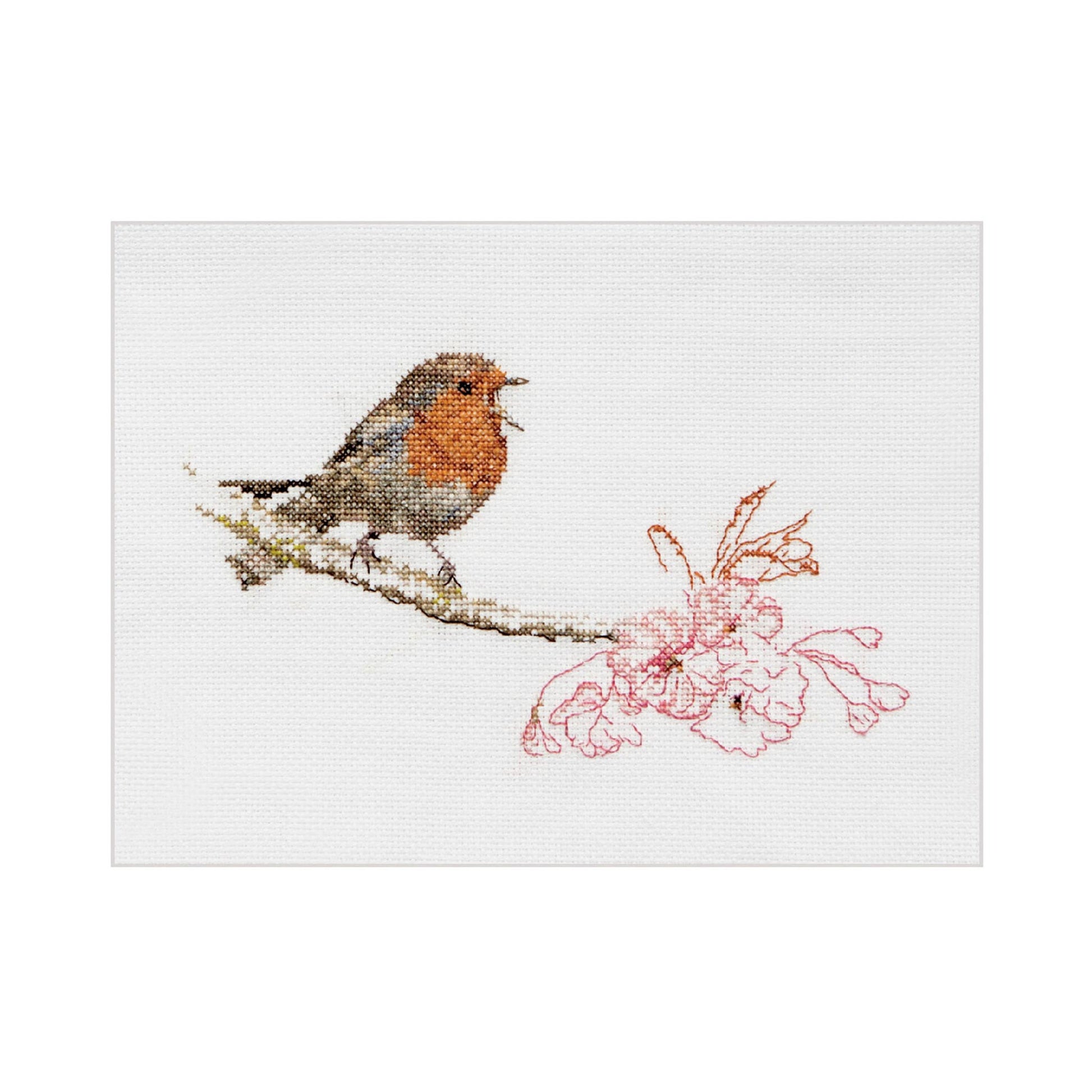 Cross stitch design of a robin on a branch with pink flowers on a white background