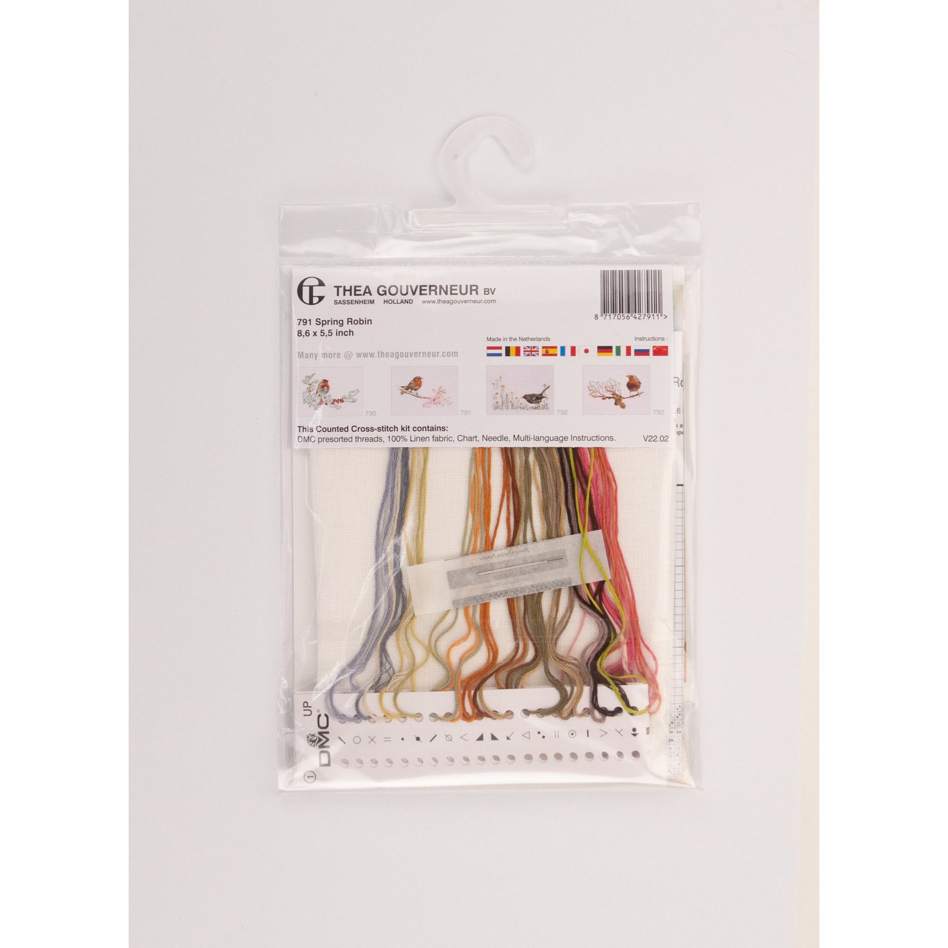 Packaged embroidery kit with colorful threads presorted on the floss organizer