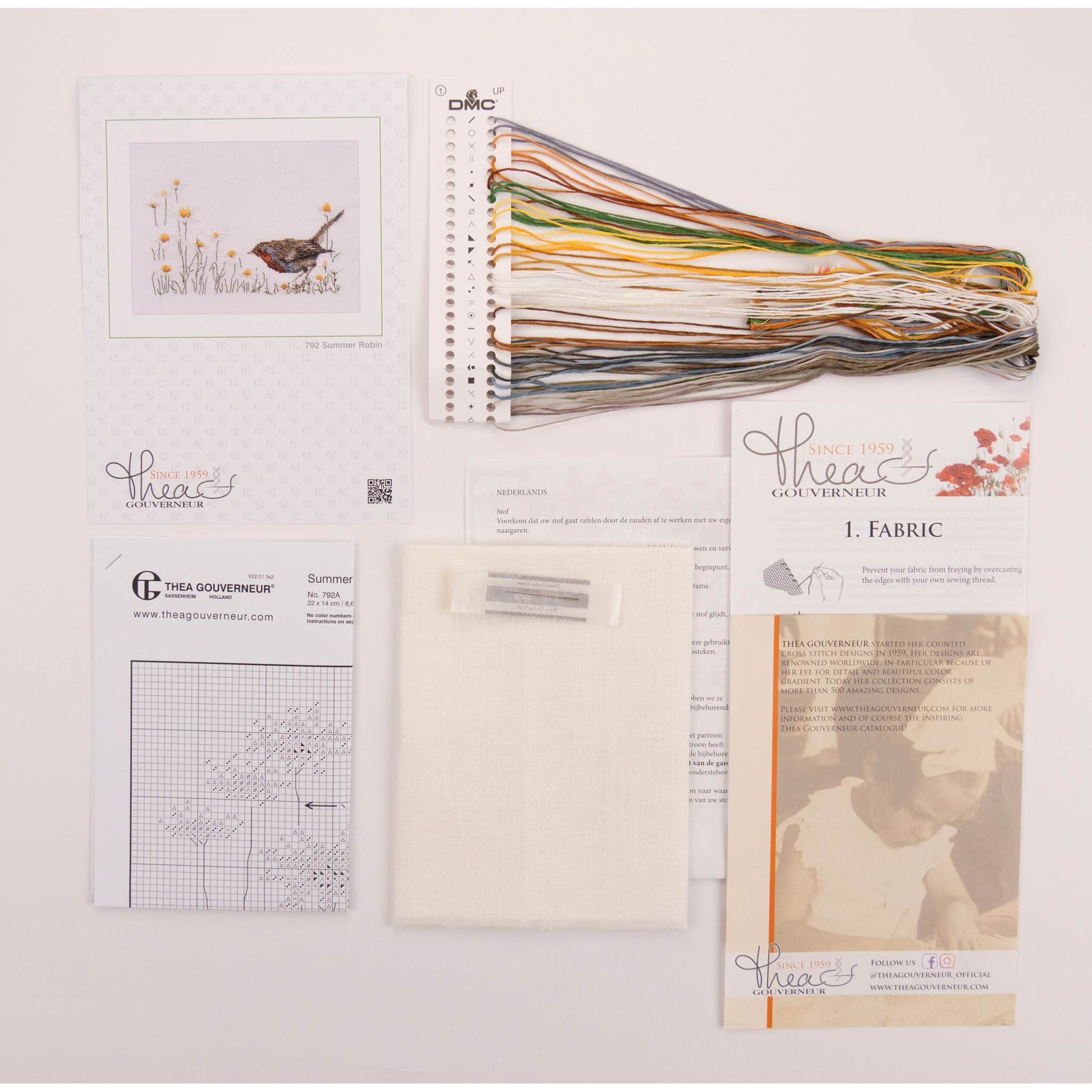 Embroidery kit with pattern and chart, needlework fabric, and threads on a white background
