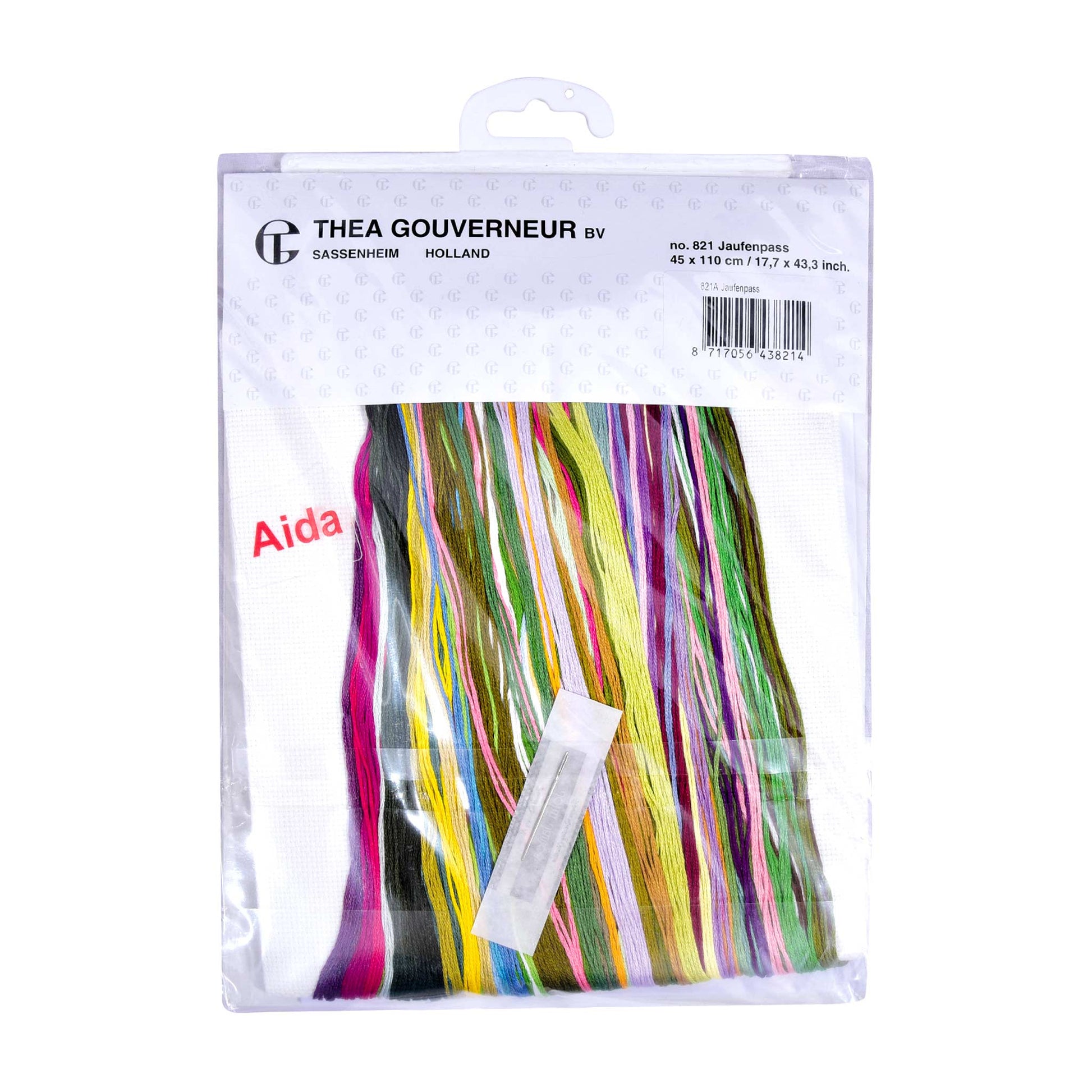 Embroidery kit with Aida needlework fabric and packaging displaying dmc embroidery threads and kit content