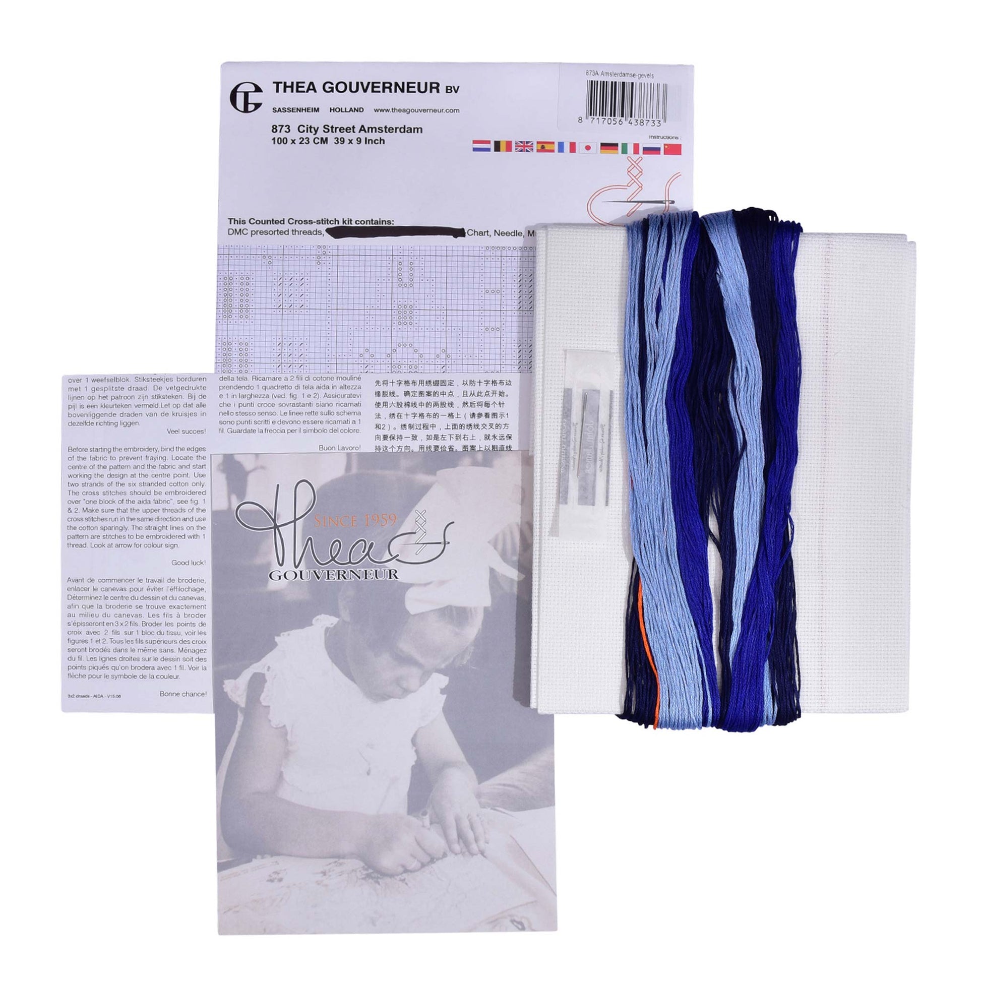 Packaging of Thea Gouverneur embroidery kit with pattern sheet, needlework fabric, and DMC floss threads on a white background