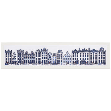 Cross stitch pattern of Dutch stylized buildings on a white background
