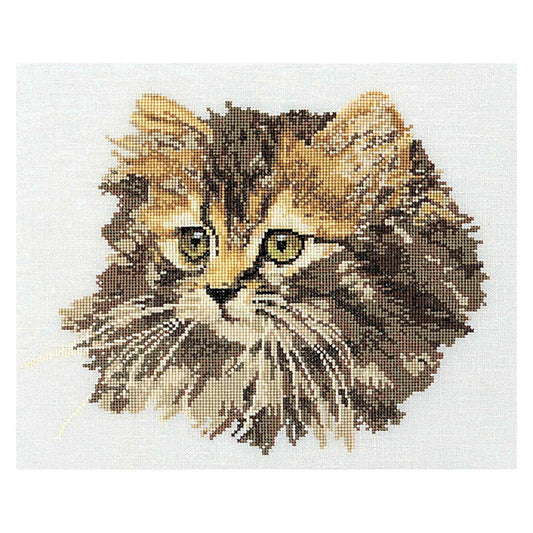 Cross-stitched or embroidered design of a kitten's face on a white background