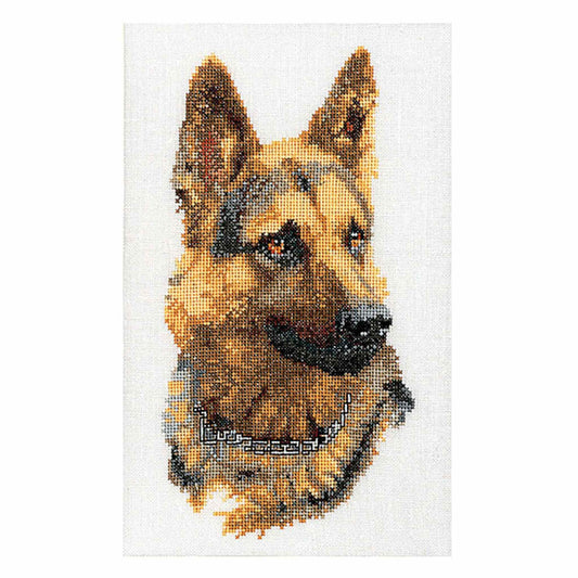 Cross-stitched design of a German Shepherd dog's head on a white background