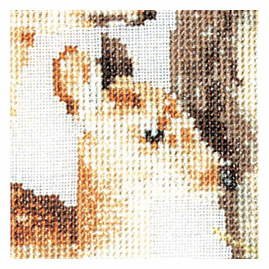 Cross-stitched design of a deer in a forest