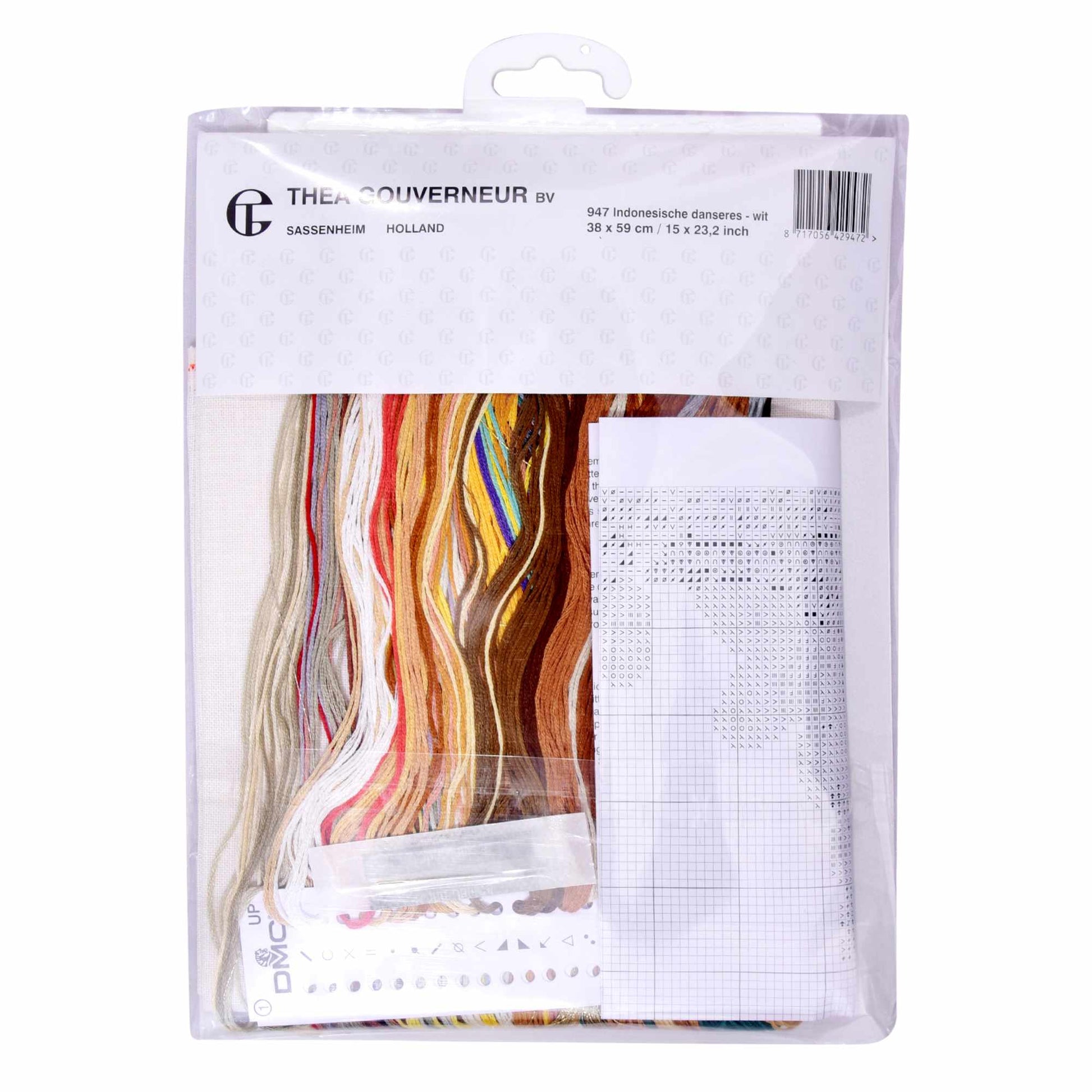 Embroidery kit packaging with cross-stitch threads and pattern chart 