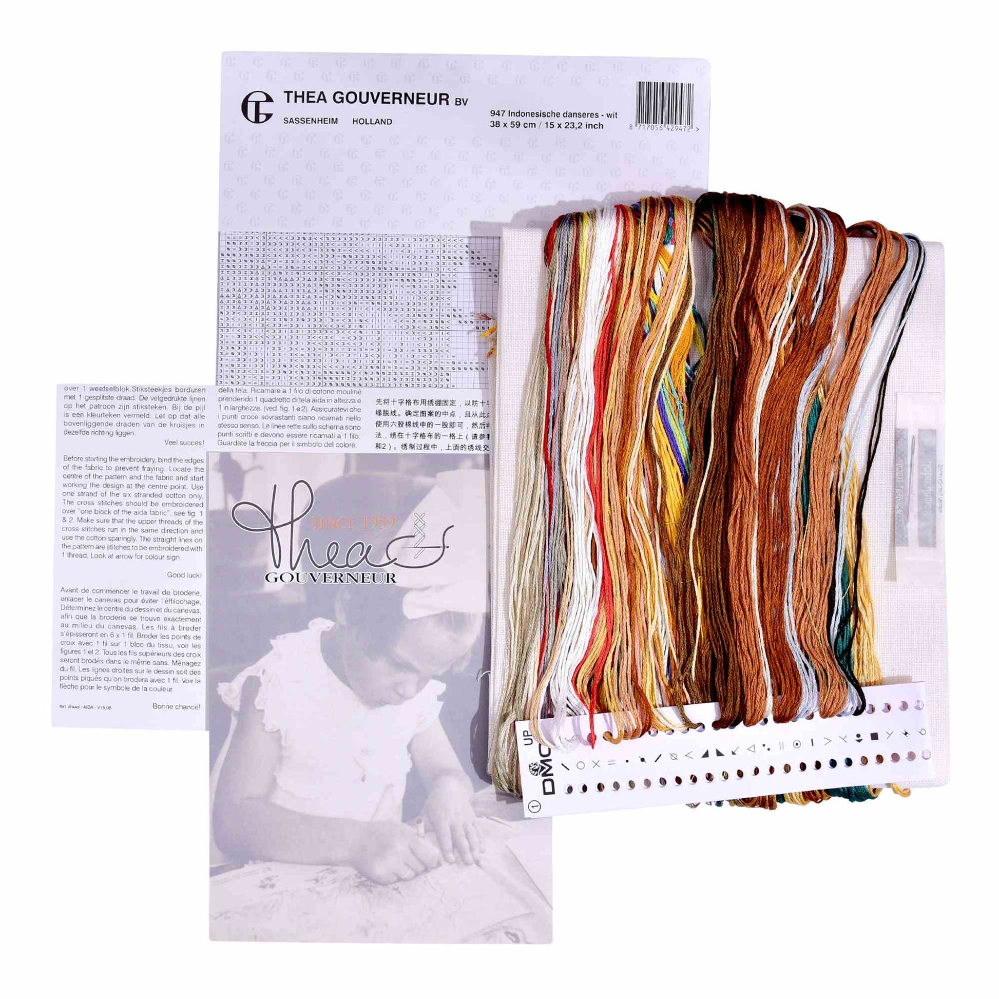 Embroidery kit packaging with cross-stitch threads and pattern chart 