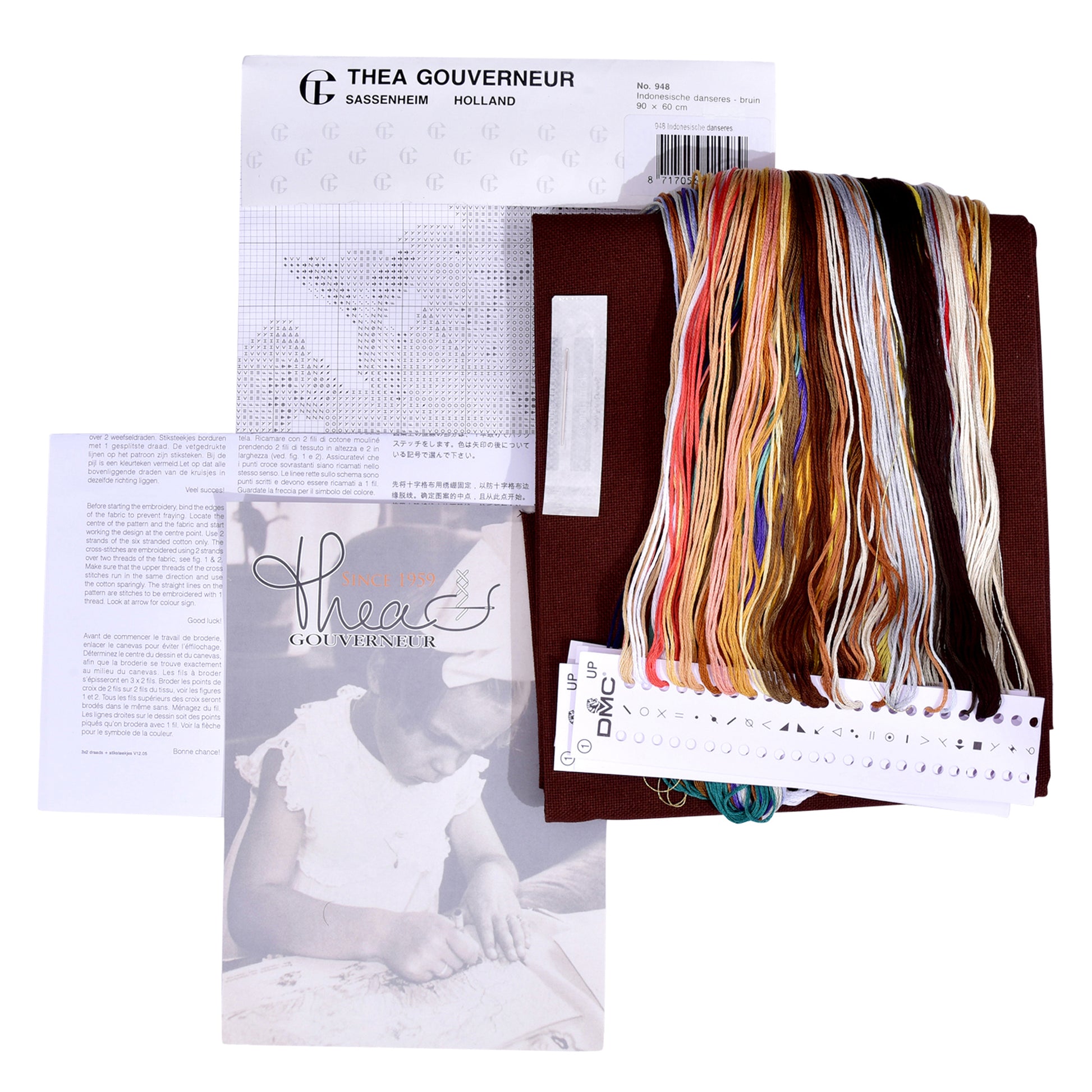Embroidery kit packaging with cross-stitch threads and pattern chart 