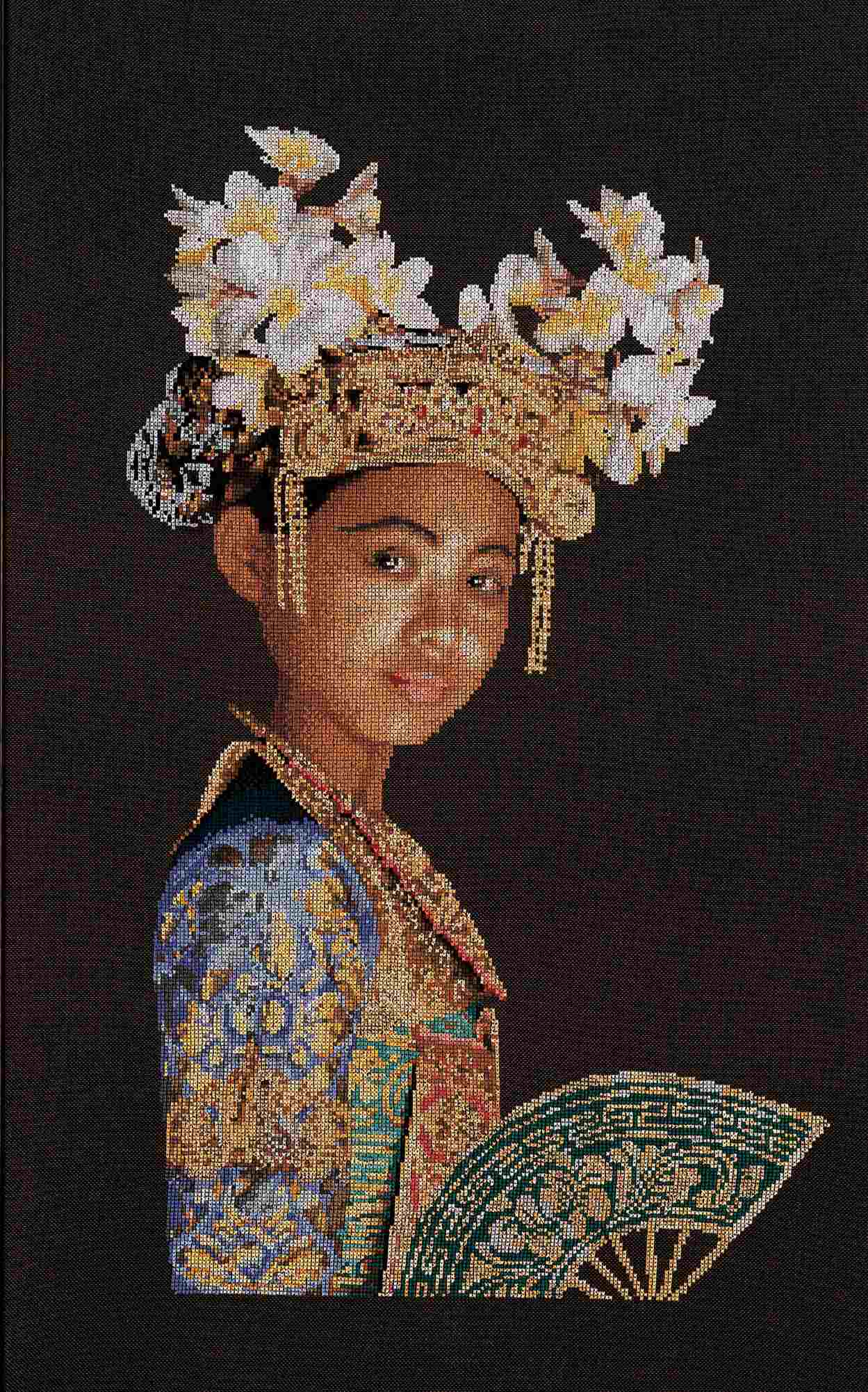 Traditional costume with floral headpiece cross stitch design