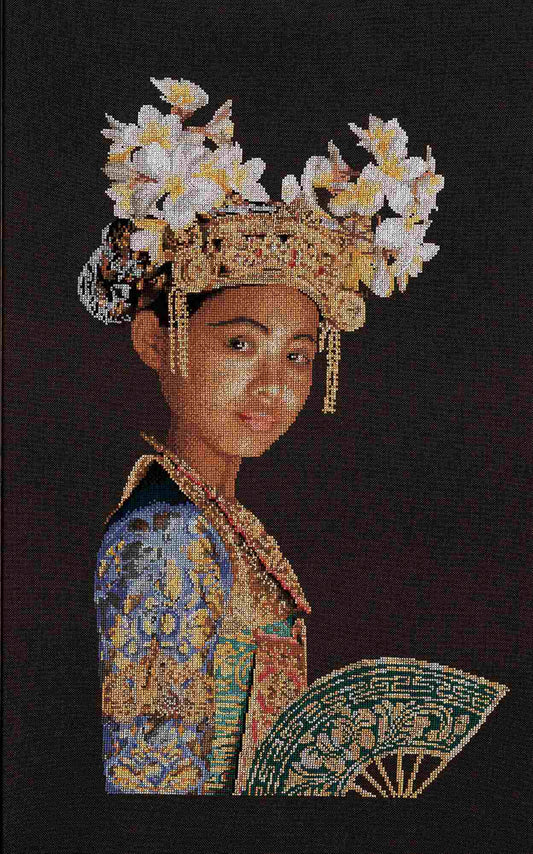 Traditional costume with floral headpiece cross stitch design
