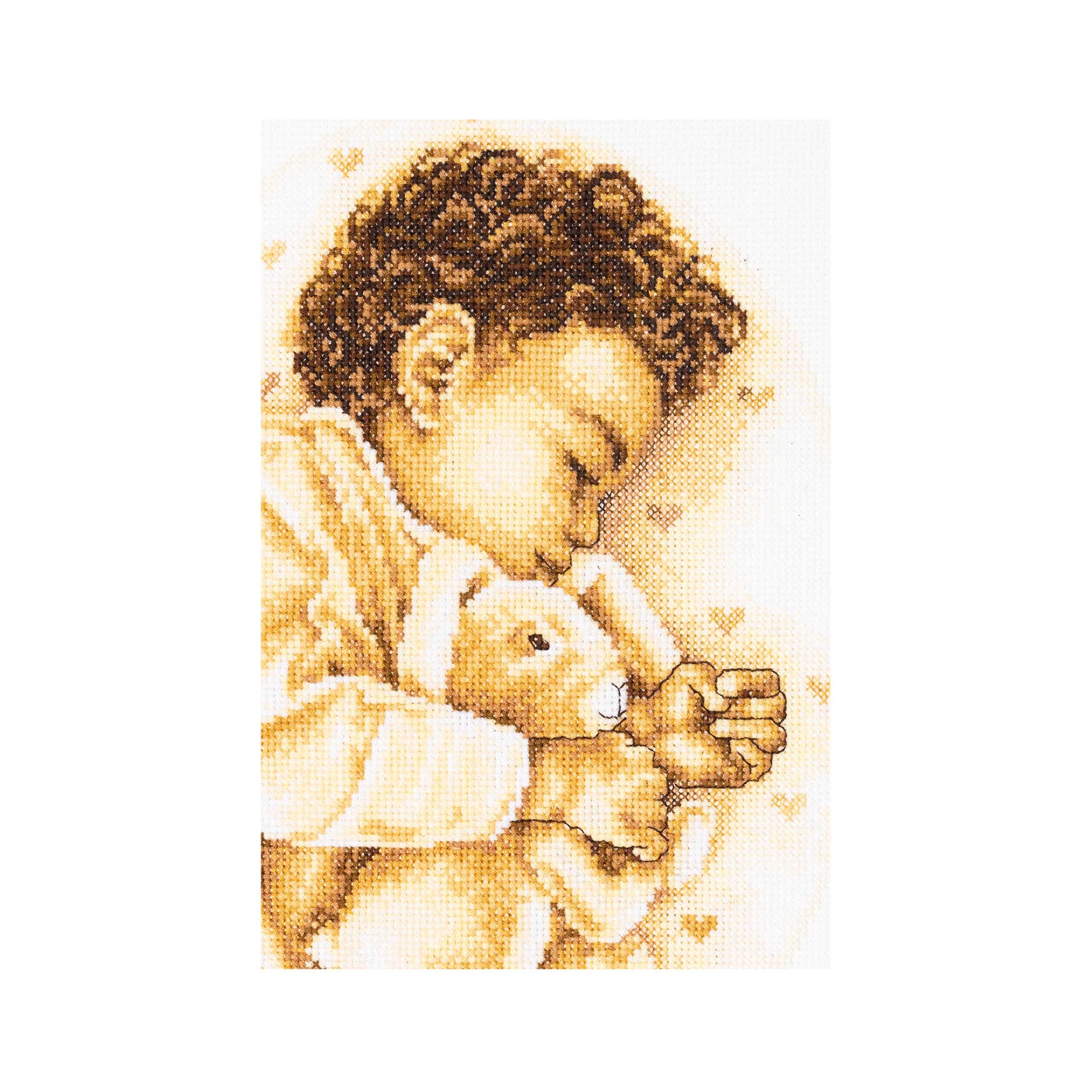 Cross-stitched depiction of a child holding a rabbit close up