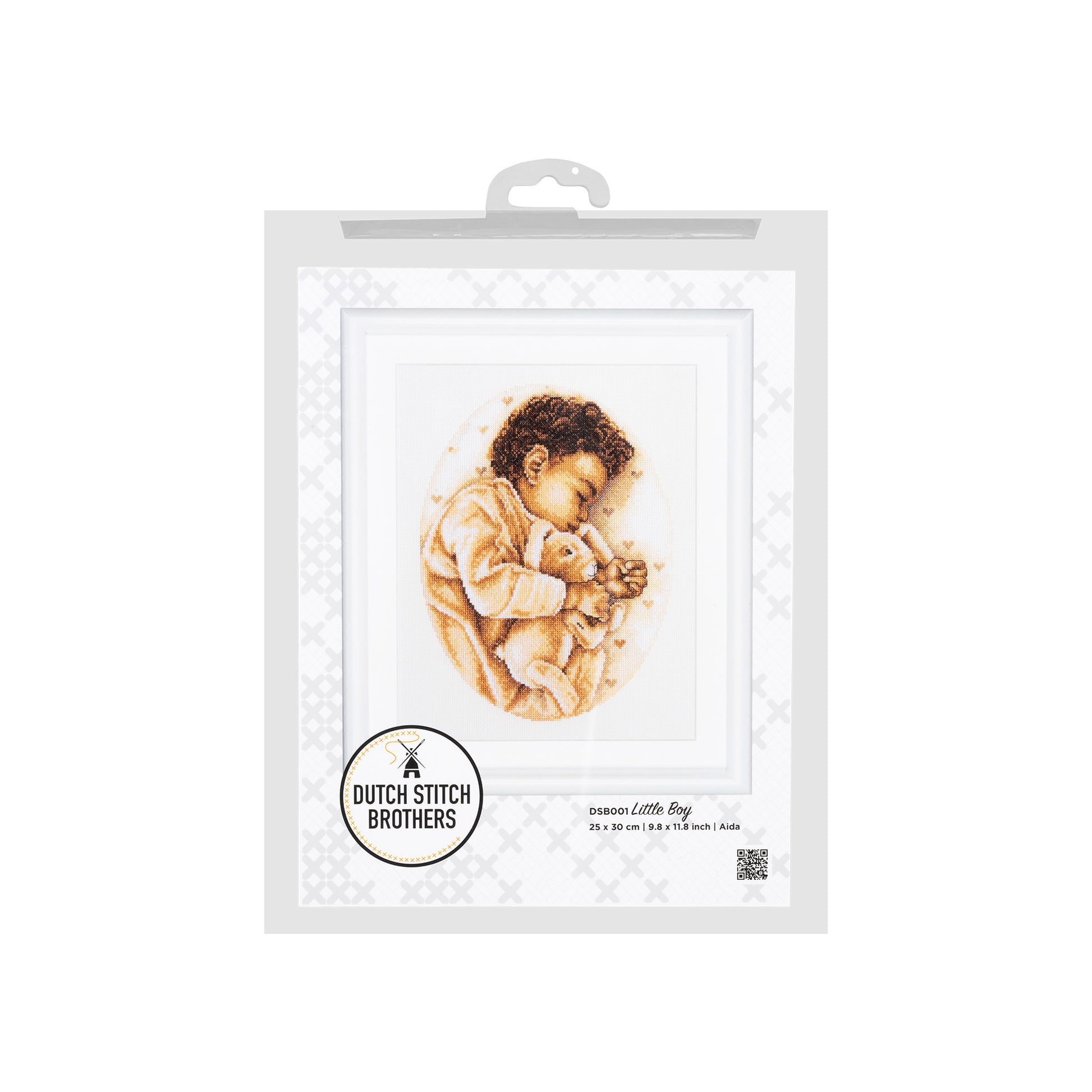 Embroidery package of a child holding a teddy bear with 'Dutch Stitch Brothers' branding on a white background.