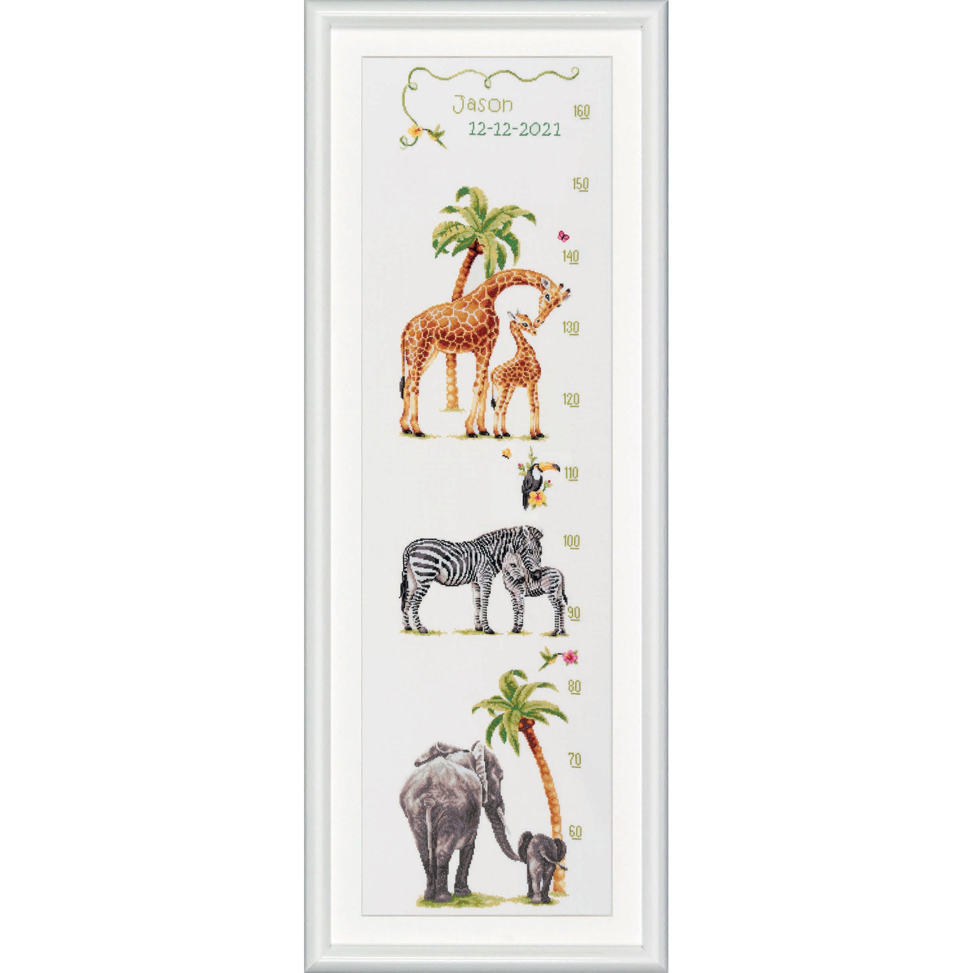 Cross-stitched panel with giraffe, zebra, and elephant design Growth Chart Safari 