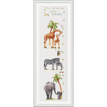 Cross-stitched panel with giraffe, zebra, and elephant design Growth Chart Safari 